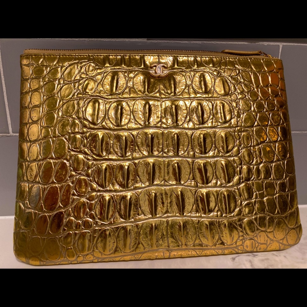 Chanel O Case Gold Croc Embossed Leather Clutch